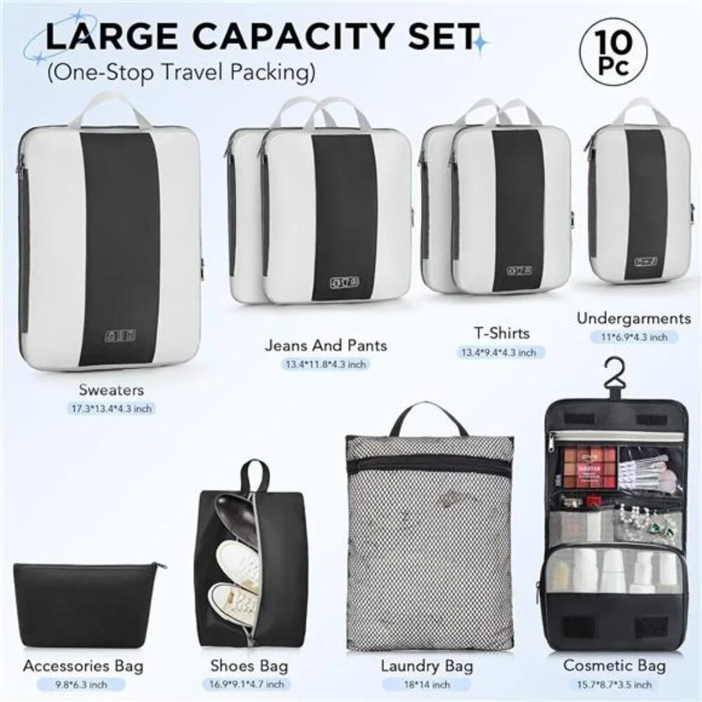 10 Set Compression Packing Cubes for Travel Essentials,Compressible Expandable